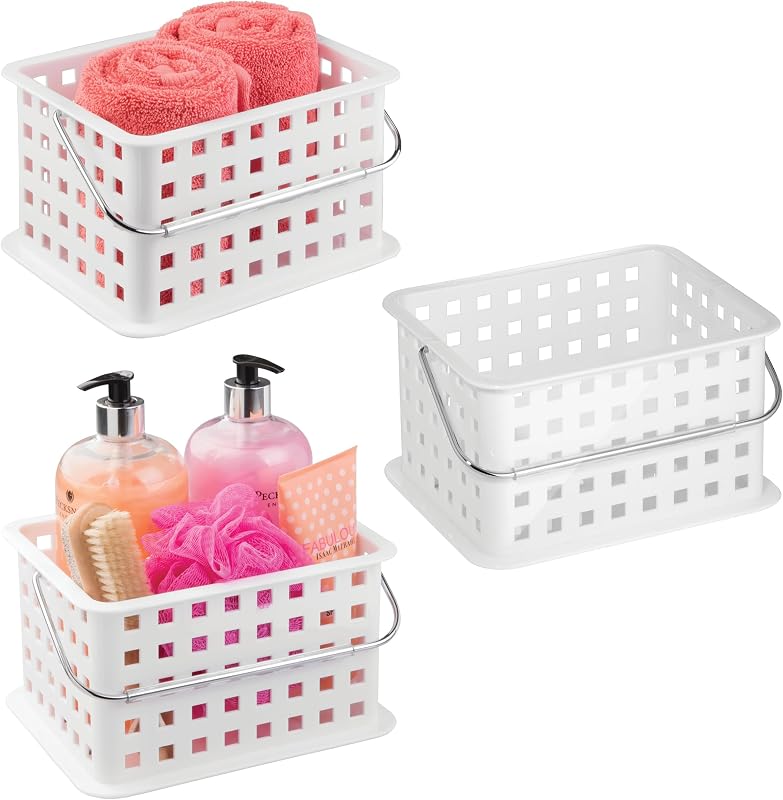 Cesta de ducha con asa para baño o dormitorio, juego de 3, color blanco, fabricado en Estados Unidos