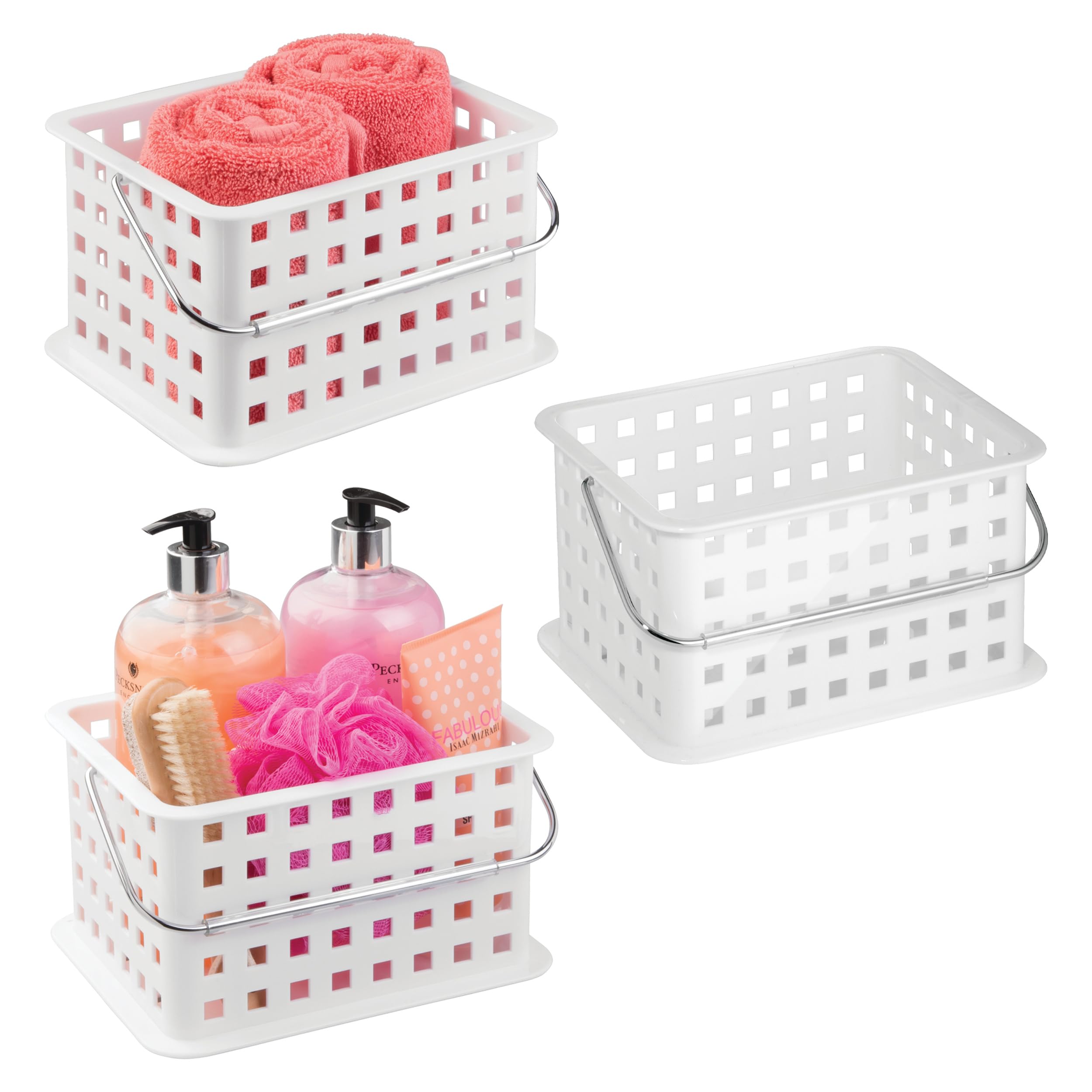 iDesign Shower Caddy Basket with Handle for Bathroom or Dorm - Set of 3 - White - Made in USA