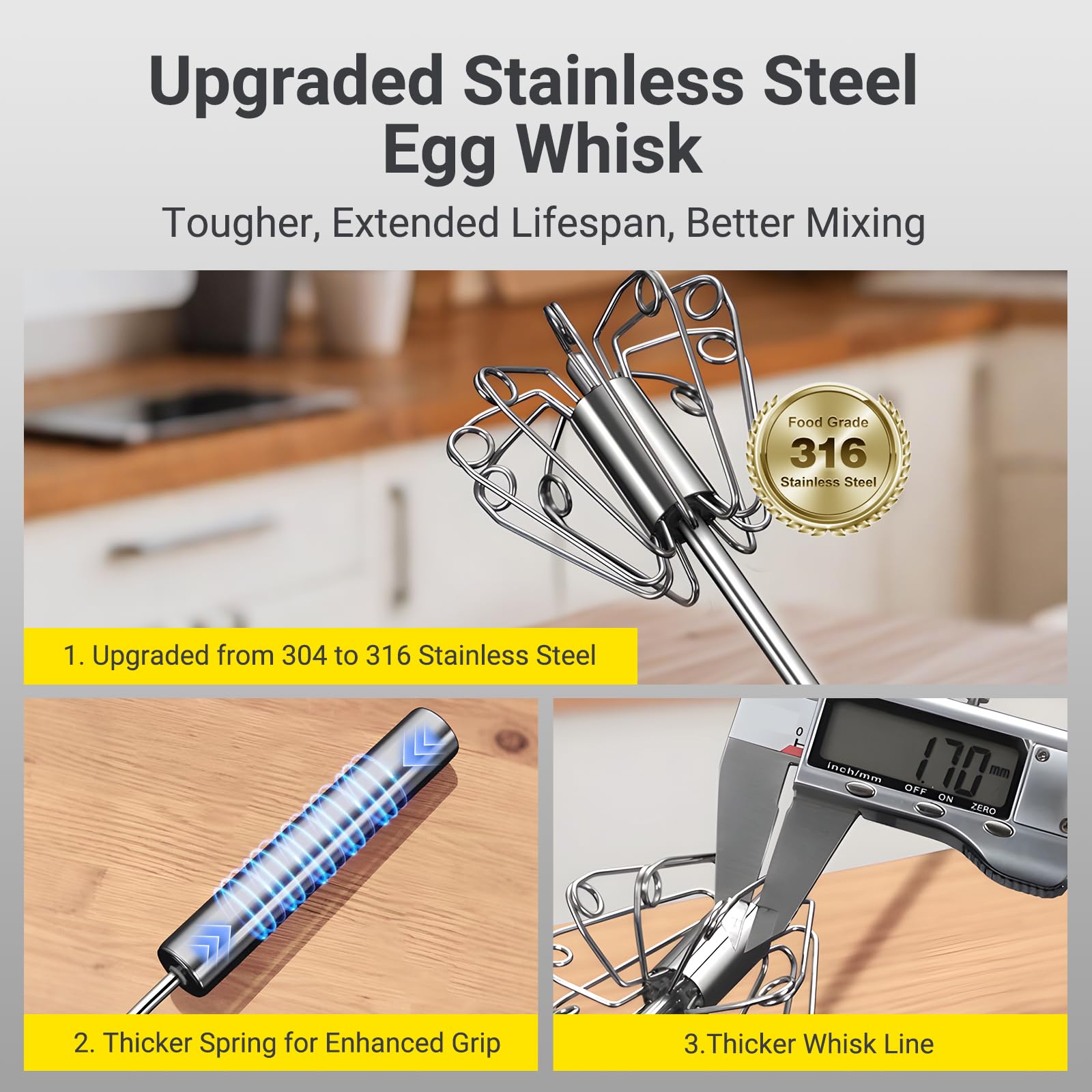 JLiup Egg Whisk,2025 Upgraded Stainless Steel Semi Automatic Whisk,Hand Wisk Egg Beater Easy to Use for Making Cream, Blending, Whisking, Beating & Stirring (12 Inch) - Image 2