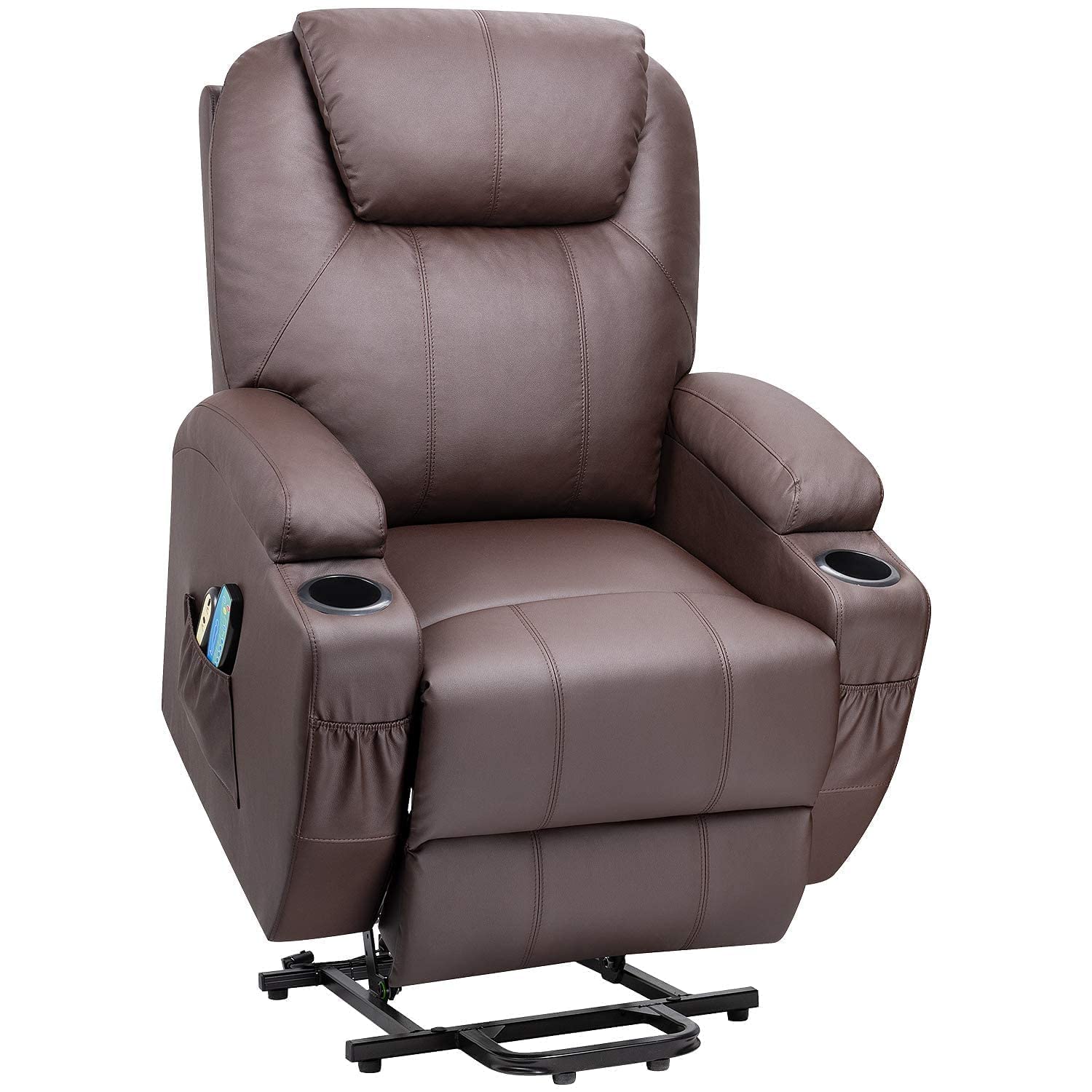 Flamaker Power Lift Recliner Chair PU Leather for Elderly with Massage and Heating Ergonomic Lounge Chair for Living Room Classic Single Sofa with 2 Cup Holders Side Pockets Home Theater Seat (Brown)