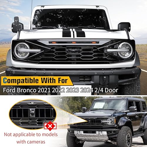 Miniatura 6 de Kits de repuesto para parrilla delantera negra brillante con luces LED compatibles con Ford Bronco 2021 2022 2023 2 2 puertas 4 puertas parrilla de