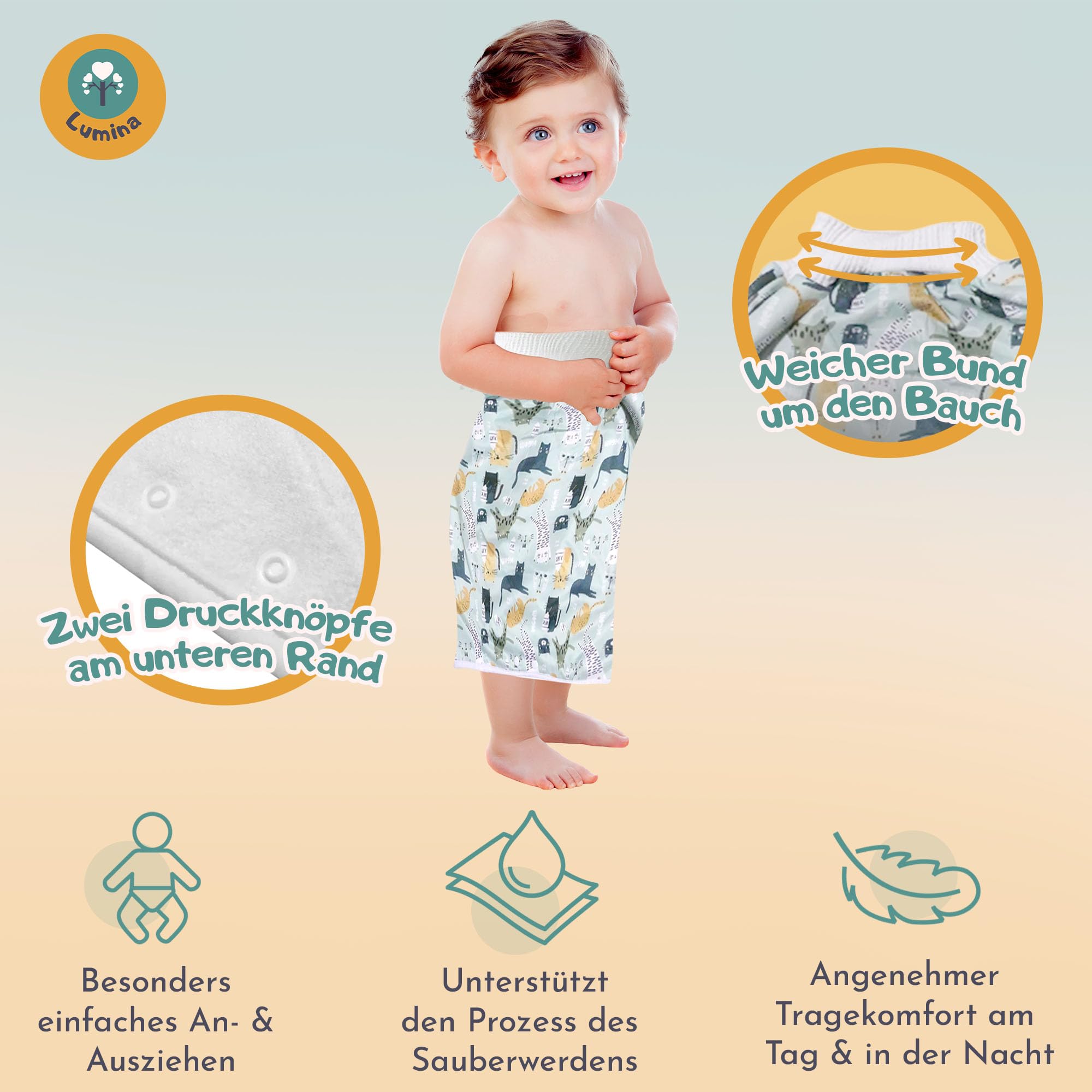 Lumina Windelrock Cats & Milk – Stilvoller Auslaufschutz für Babys & Kinder ab 6 kg bis 3 Jahren – Trainingshose & Überhose in der Nacht – Saugfähige Windelhose atmungsaktiv & waschbar, Größe 1