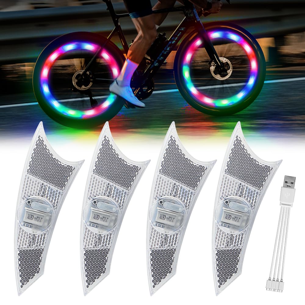 Lumière de Roue de Vélo Rechargeable Multicolore avec Capteur de Mouvement, Résistante aux Intempéries éclairage de Roue de Vélo de Nuit 2 Modèle D'éclairage de Vélo pour Adulte Enfant 4PCS