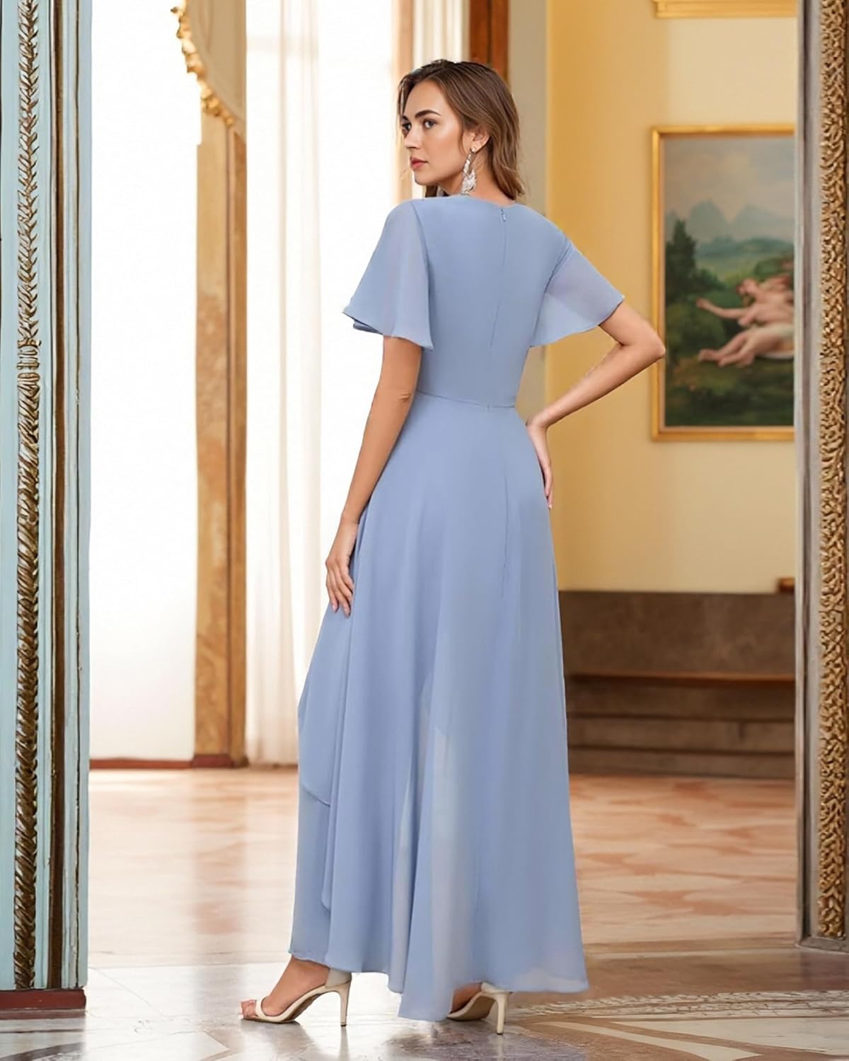 Chiffon Mother of The Bride Pant Suits - Lace Appliques Short Sleeves Wedding Formal Jumpsuits - Image 6