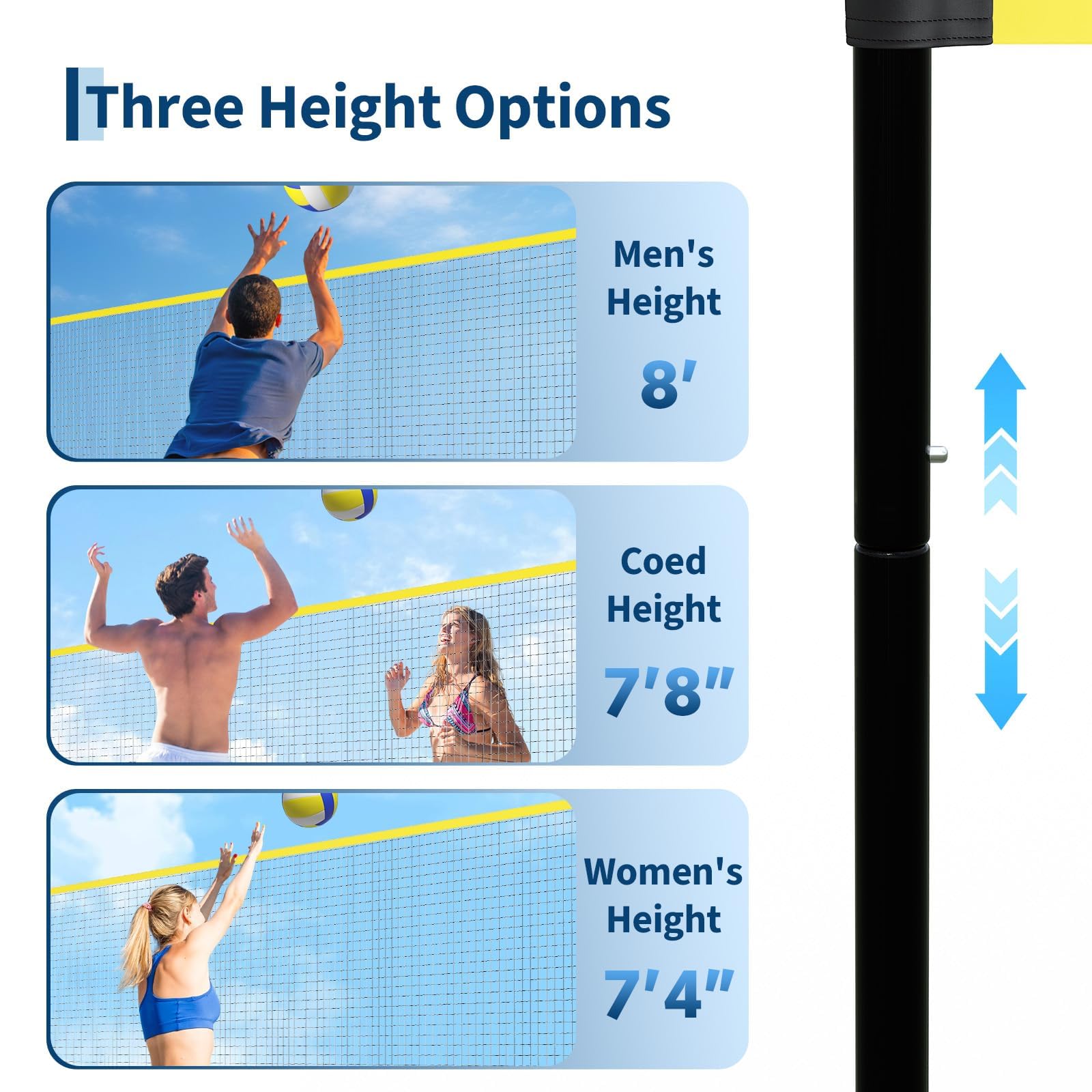 Ensemble de Filet de Volleyball réglable,9,75 m x 2,43 m,Filet de Volleyball Exterieur avec Ballon, Pompe, Cordes et Sac de Transport,pour la Plage, Le Parc, Le Camping et Le Jardin.