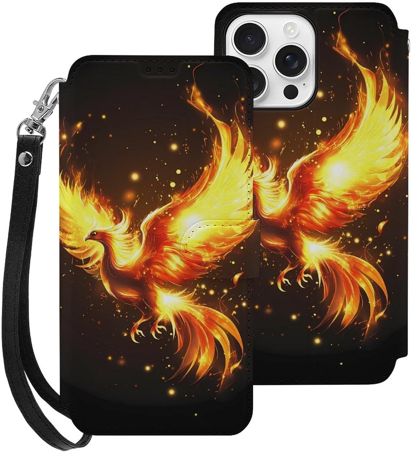 Fire Phoenixs Compatible with iPhone 16/16 Plus/16 Pro/16 Pro Max/16 E Case Phone Wallet Card Holder Flip Cover with Wrist Strap