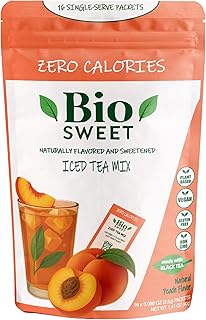 BioSweet Iced Tea Mixes - Peach Flavor | Zero Calorie Mix from Real Black Tea | Naturally Sweetened & Flavored | Non GMO, Gluten Free, Vegan (16 single-serve packets)