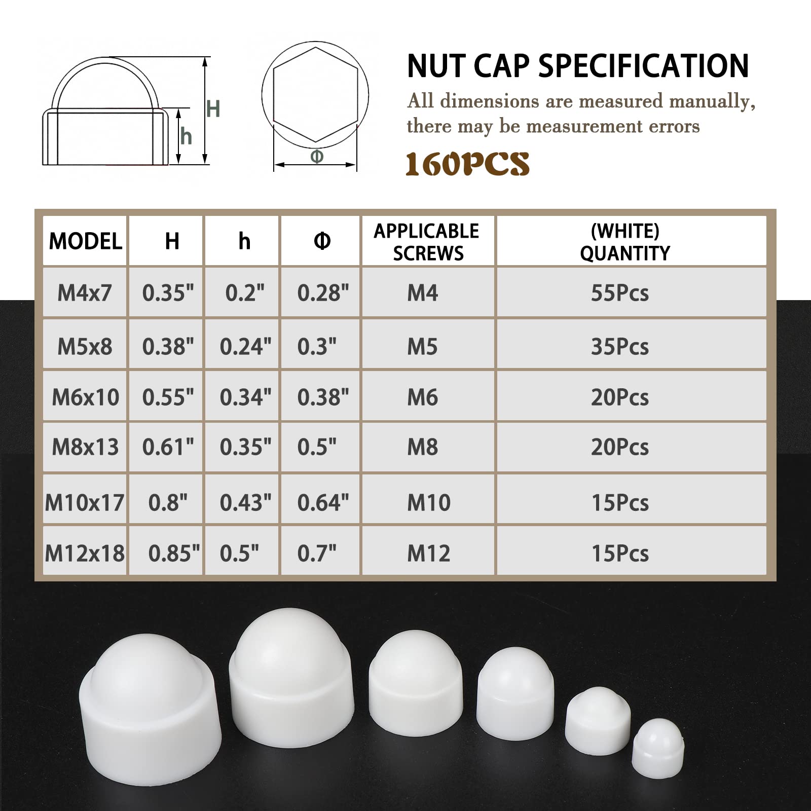 Gueenky 160 Piezas tapa de tuerca hexagonal, M4 M5 M6 M8 M10 M12 Cubierta Cúpula de Tuerca Perno Blanco Tapon Protección Tuerca para Tuercas Tuercas Tornillos