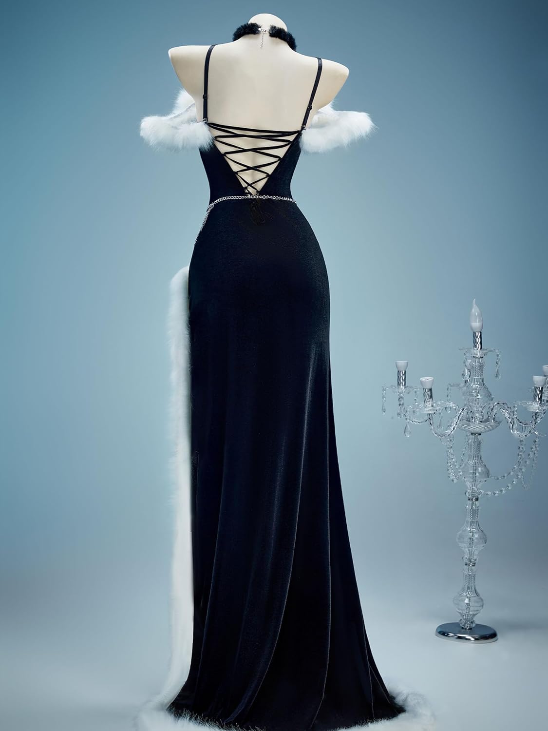 MEOWCOS Women's Gothic Dress Christmas Halloween Costume Dark Witch Style Furry Dress with Hat Gloves