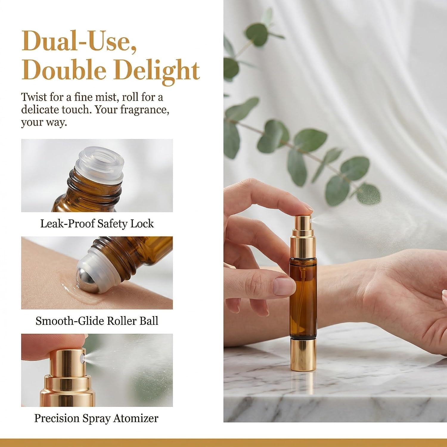 24 PCS 10ml Dual-Head Travel Perfume Bottle Refillable, 2-in-1 Perfume Roller Bottles & Cologne Travel Bottle Sprayer, Leakproof Empty Glass Rollerball Applicator for Essential Oils and Fragrance
