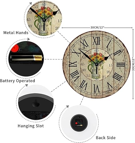 Miniatura 2 de Reloj de pared de madera rústica y flores vintage de 12 pulgadas estético redondo de madera con manecillas de metal fácil de leer, reloj de madera
