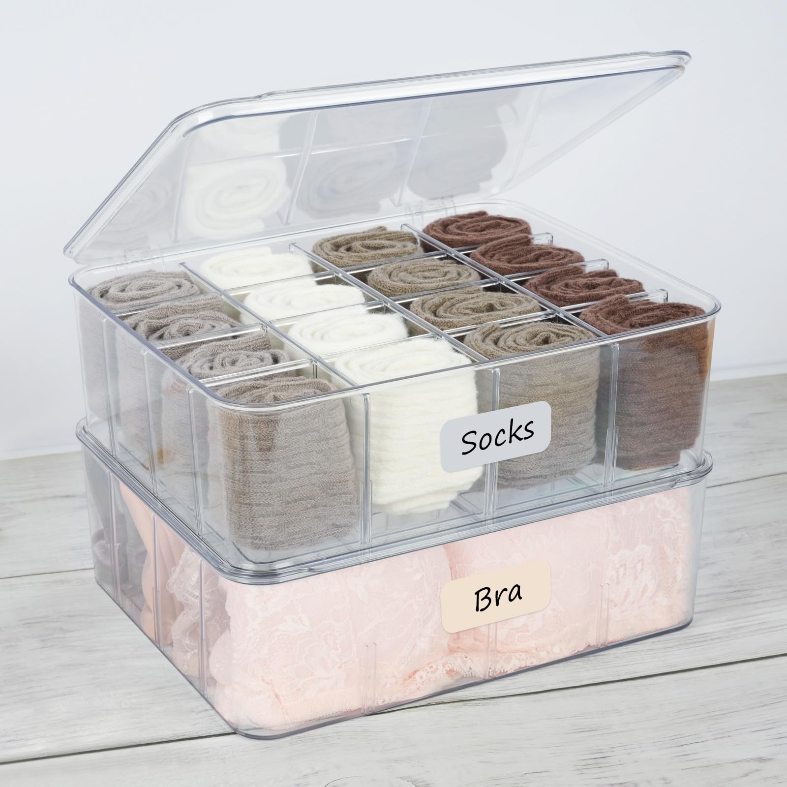 2-Pack Acrylic Sock and Underwear Organizer with Blank Label, Clear Plastic Organization and Storage Bins with Lid and Removable Dividers, Storage Box for Closet