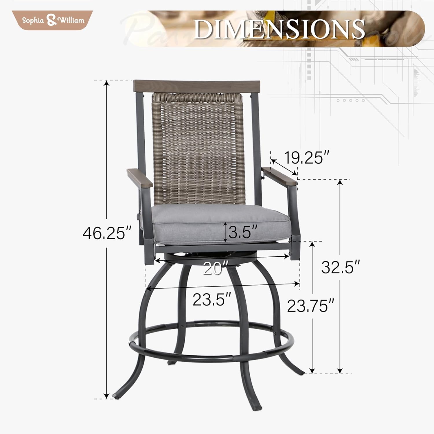 Sophia and William Swivel Patio Bar Chairs, Set of 4, Counter Height, Rattan Back and Grey Seat Cushion, High Back Design for Garden, Lawn, and Backyard