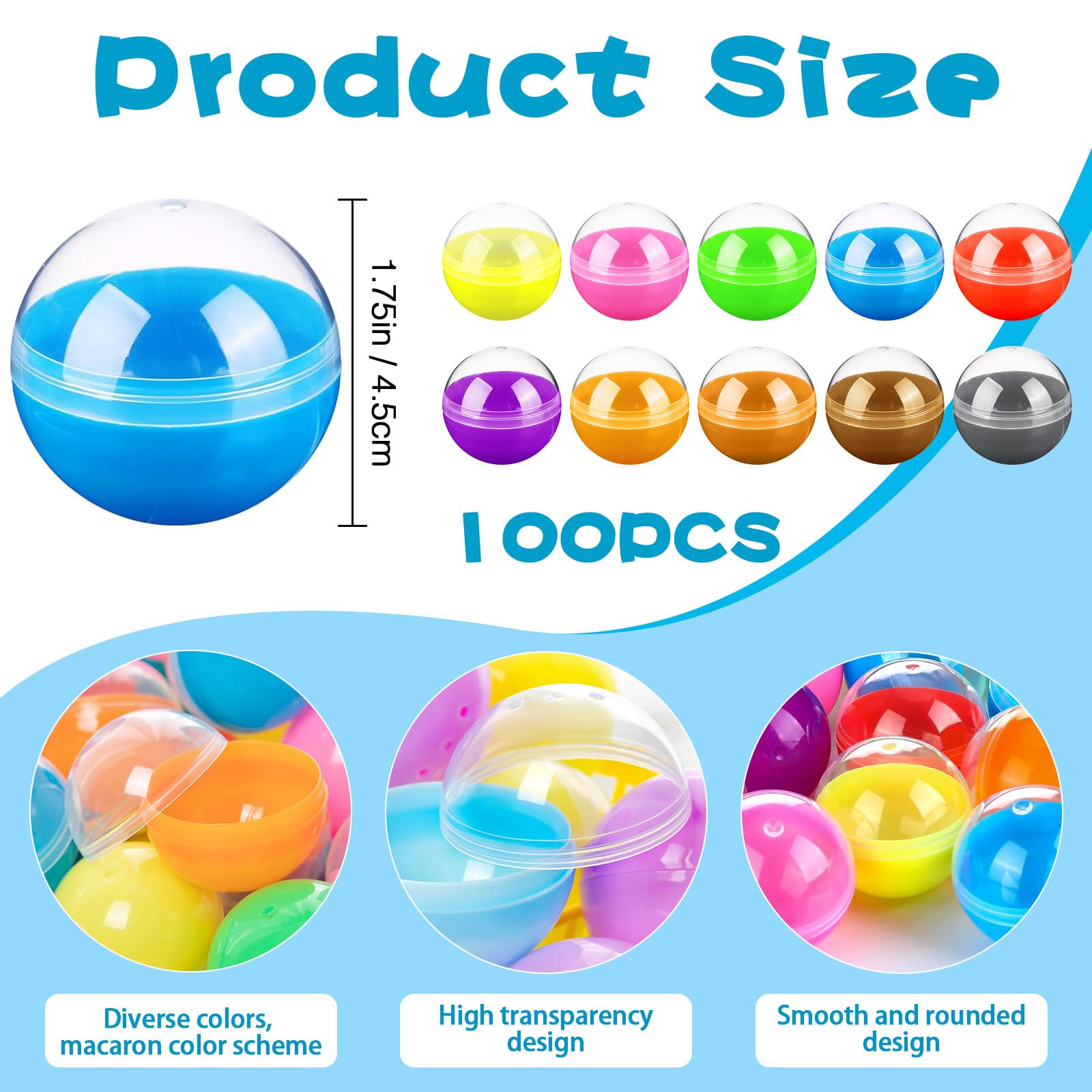 100 PCS Colored Round Plastic Balls Bulk 1.75 Inch Semi Transparent Balls for DIY Crafts Party Favors and Collectibles(Random Color)