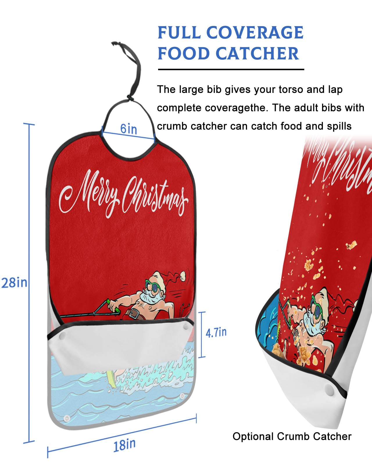 Kewadony Adult Bibs for Elderly Women - Red Santa Christmas Waterproof Dining Clothing Protectors with Crumb Catcher for Eating/Feeding, Xmas Coastal Merry Christmas Terry Cloth Bib Machine Washable