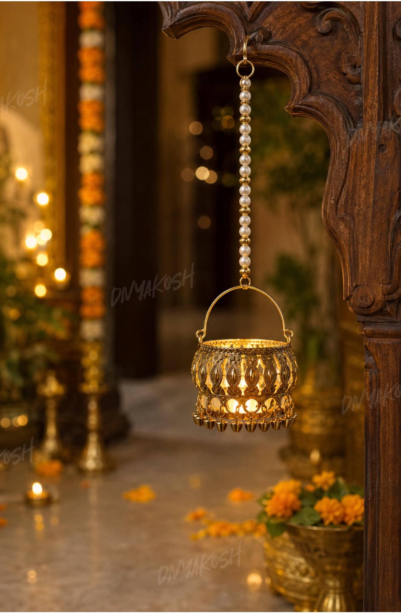 Divyakosh Pack of 4 Festive Hanging LED Decor, Decorative Hang Tea Light Lantern, Temple & Festive Hangings Light, Diwali, Temple, Pooja, Lakshmi Ganpati Decor| 4 LED Lights-image-24