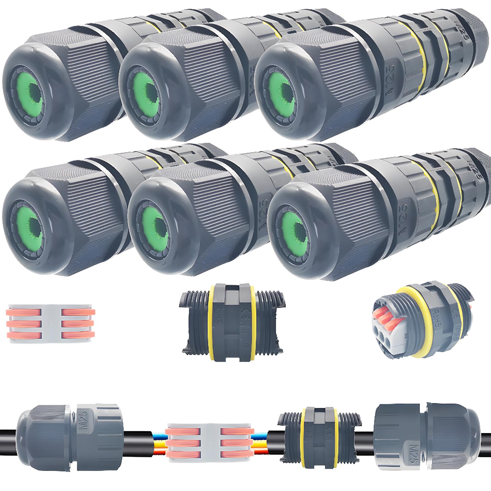 Cable Connectors IP68, Dujelixa 6 Pcs M25 Waterproof Junction Box, Extension Electrical Cable Connector 2/3 - Way Line, Outdoor Electrical Box, Power Cord External Sleeve Coupler Wire Range 6-11mm