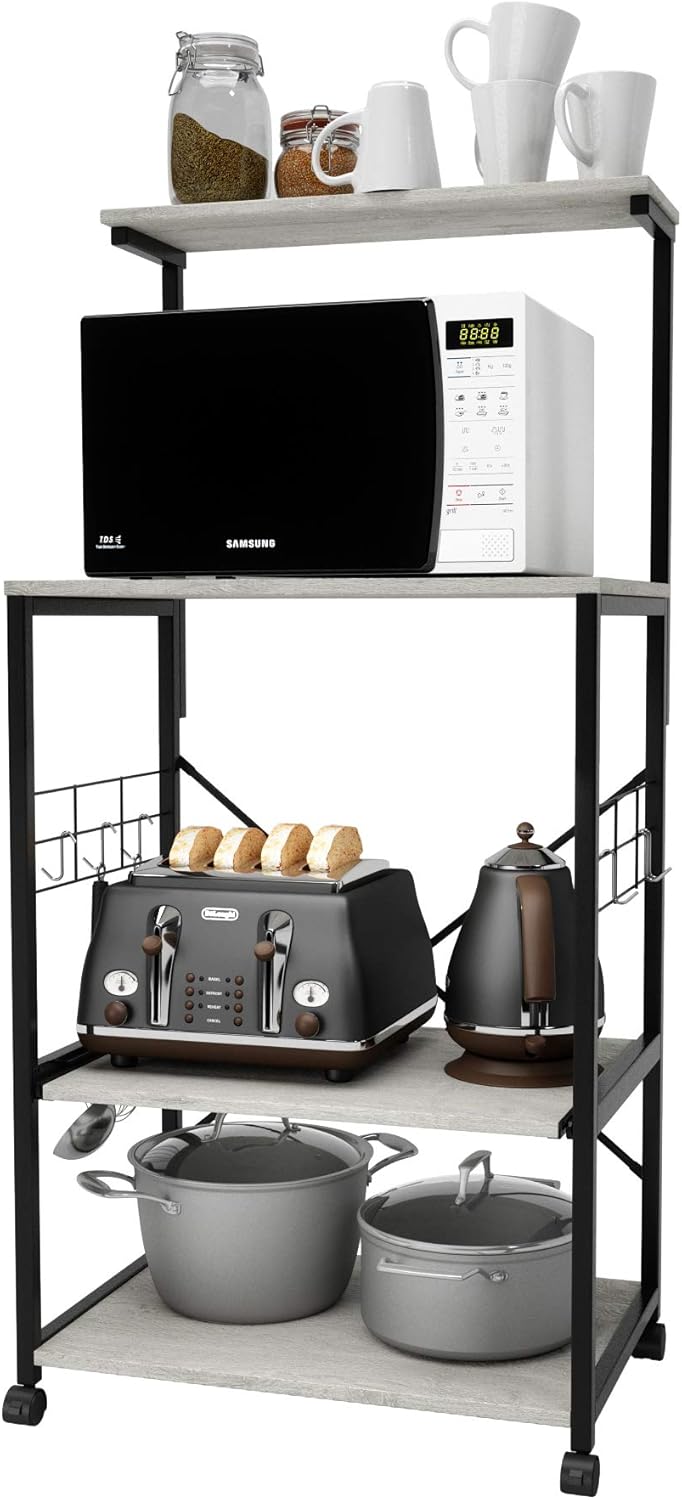 Bestier Kitchen Baker's Rack Utility Storage Shelf Microwave Stand Cart on Wheels with Side Hooks, Kitchen Organizer Rack 4 Tier Shelves Adjustable Feet (Wash White) - Standing Baker's Racks