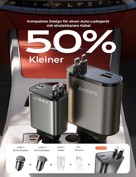 LISEN 84W Zigarettenanzünder USB C Einziehbares Auto Ladegerät Adapter, 2026 Personalisierte Geschenke für Männer Frauen, Vatertagsgeschenke für Papa, Auto Zubehör Camping Gadget für iPhone 17 Pro Max - 4