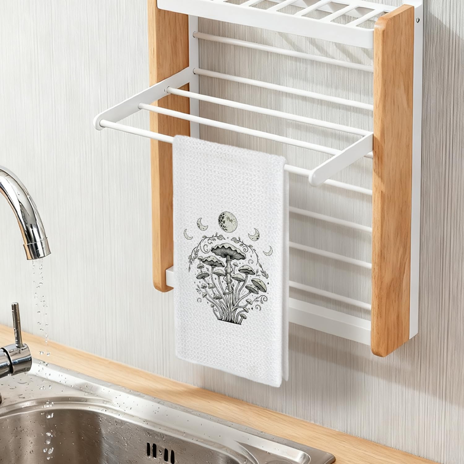 Witchy Moon Phase Mushroom Kitchen Towels, Cottagecore Mushroom Botanical Dish Tea Towels, Mystical Celestial Enchanted Forest Decorative Hand Towel for Bathroom Kitchen, 16x24 Inch - Image 5