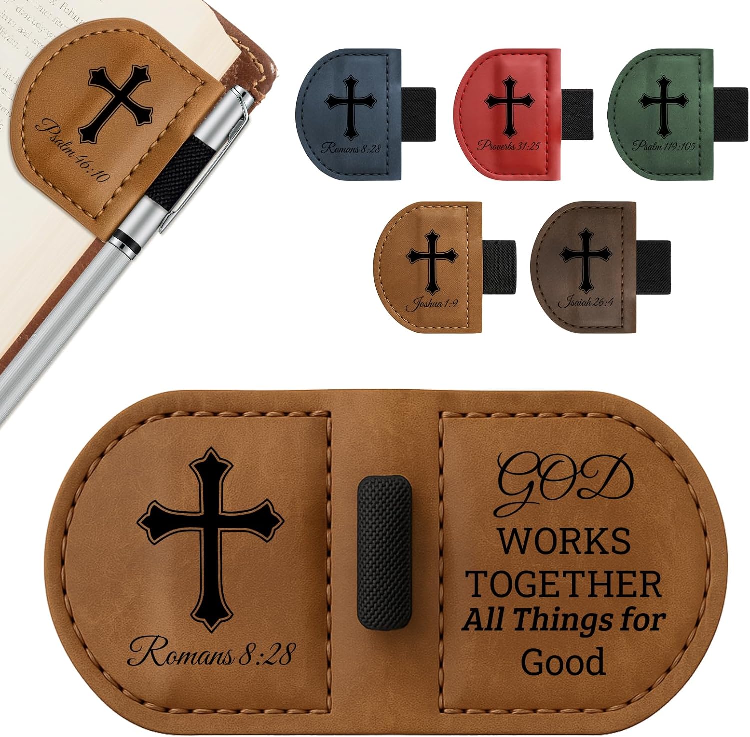 Bygone Mark Personalized Leather Bookmark with Pen Holder - Magnetic Bible Verse Design, Inspirational Gifts for Men and Women, Christian Book Lovers Reading Accessory (Brown-Romans 8:28)