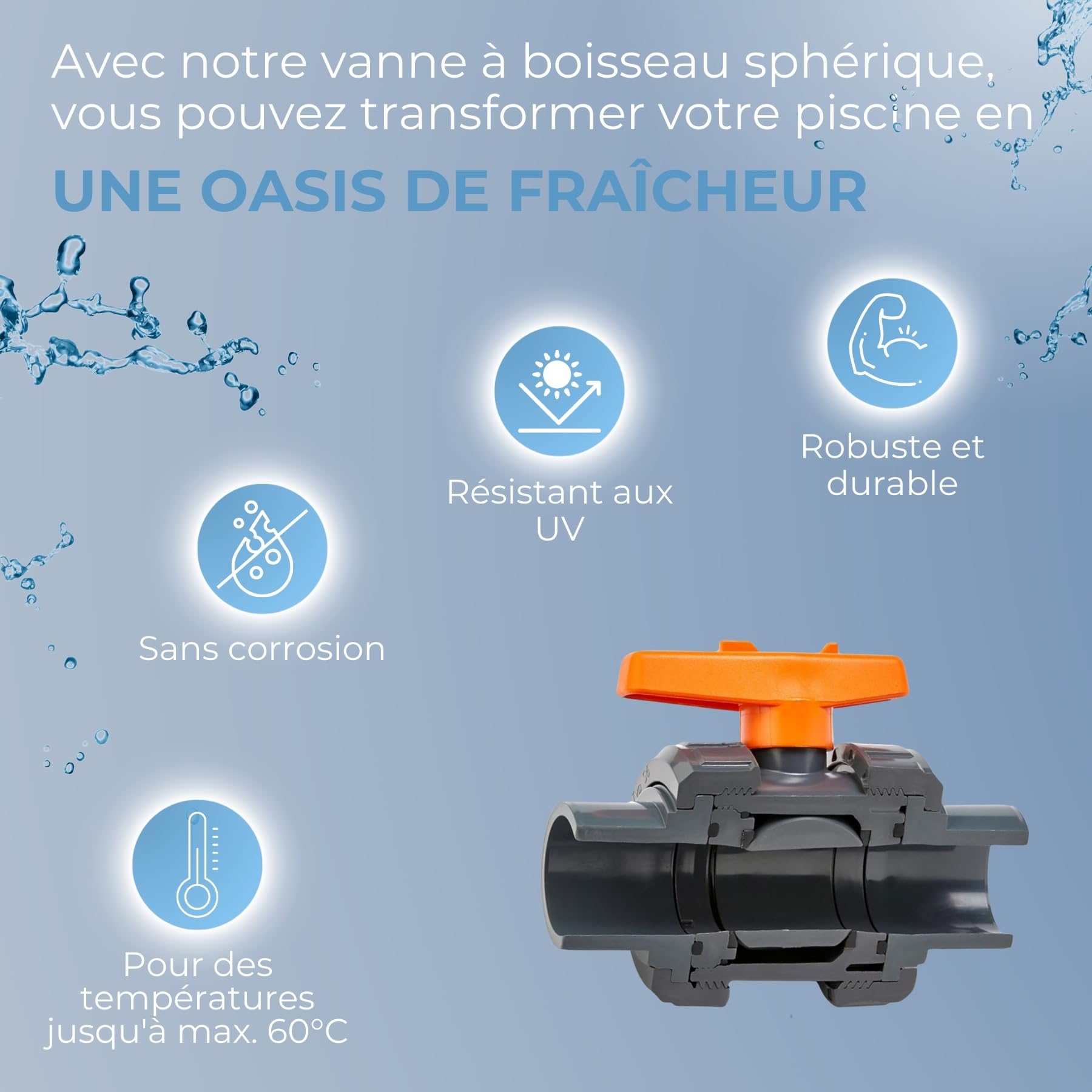 Vanne à bille 2 voies S6 pour piscine avec avec douille à coller métrique 40 mm | Robinet à boisseau sphérique pour tuyaux ou conduites | Robinet d’arrêt en PVC-U à coller