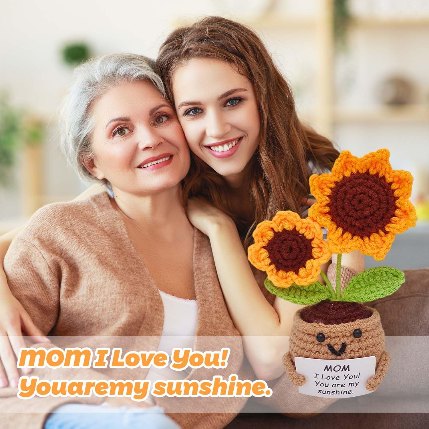 Positive Sunflower Crochet Plant with Card, Handmade Emotional Support Plush, Thank You Gifts for Mom, Christmas, Mother’s Day, Birthday Inspirational Gift for Mother