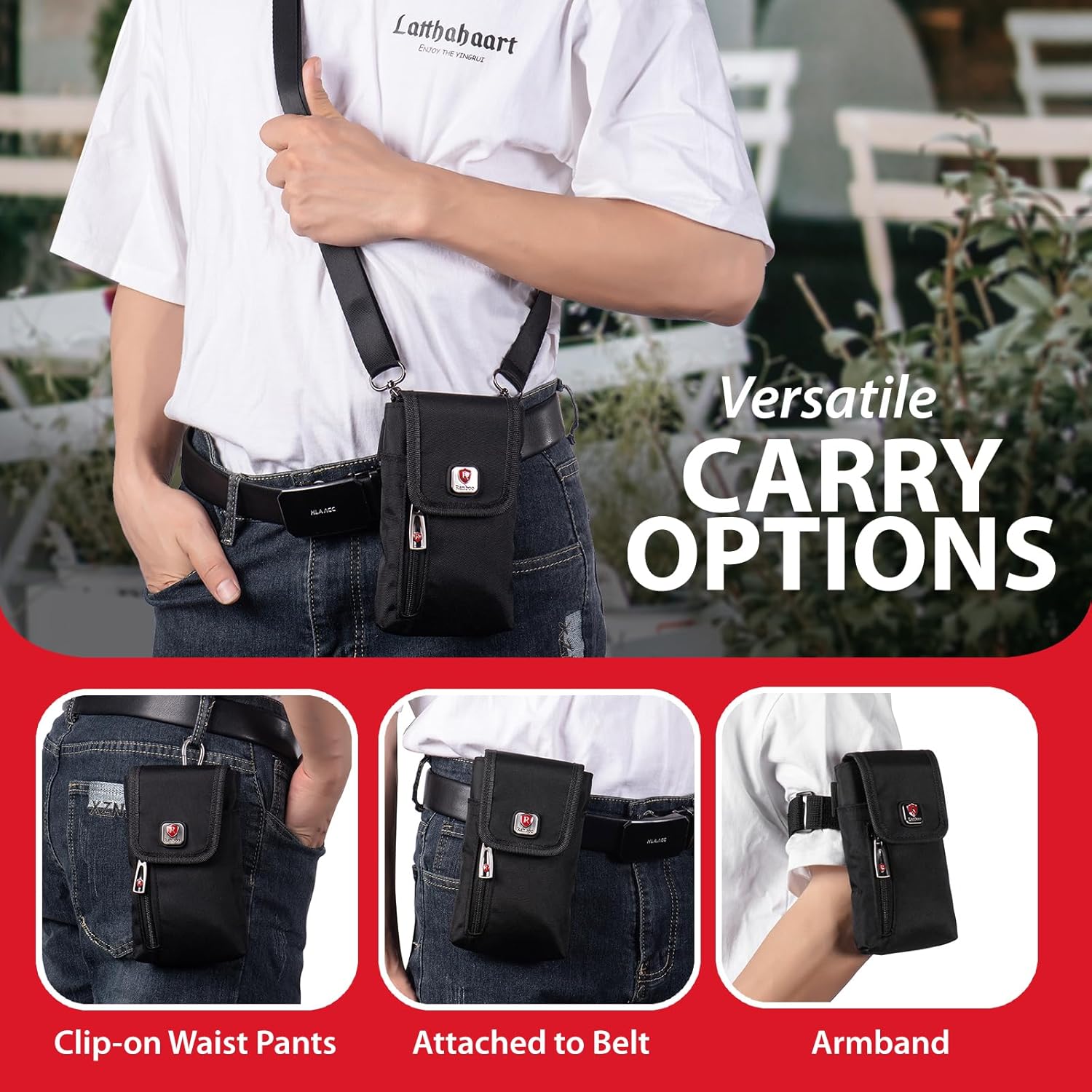 Ranboo Nylon Cell Phone Pouch for Belt, Phone Holster Case with Belt Clip Fits for iPhone 17 Pro Max 16 Pro Max 15 Pro Max 14 Pro Max 13 Pro Max 12 Pro Max, Arm Bag Crossbody Purse Waist Bag (Black) - Image 6