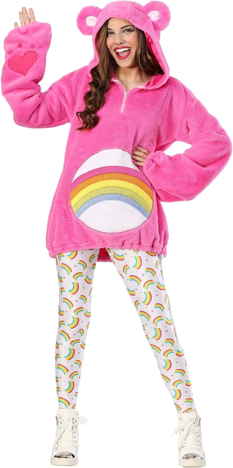 Care Bears Deluxe Cheer Bear Hoodie Halloween Costume for Women | Rainbow Leggings | 80s TV Cartoon Outfit