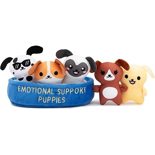 WHAT DO YOU MEME? Emotional Support Puppies by Relatable, Cuddly Stuffed Animals, Plushies, and Cute Stuff, Great Gift Ideas for Loved Ones of All Ages, Includes 5 Plushies with Carrying Basket