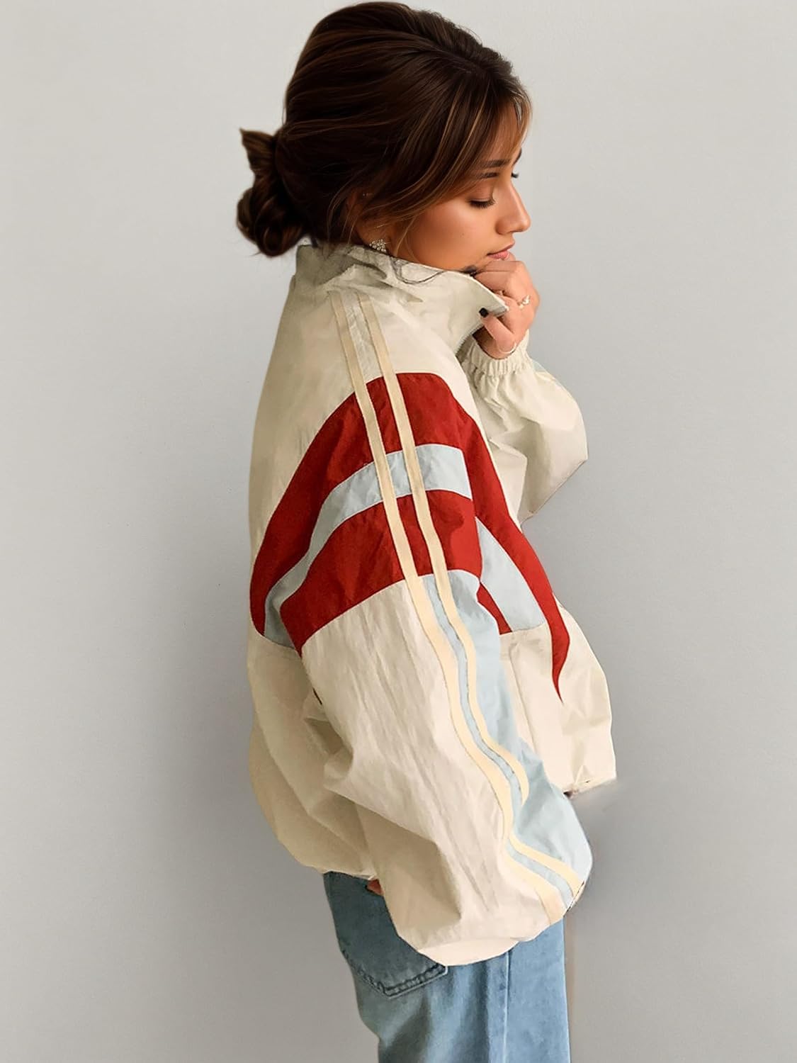 Windbreaker Jacket Women Zip Up Lightweight Jacket Y2k Color Block Oversized Sport Coat 90s Streetwear
