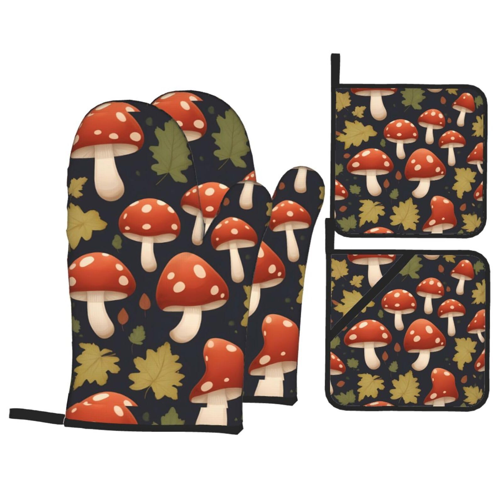 HJFCZH Mushroom Maple Leaves Picture Kitchen Baking Set of 4 Thick Insulated Oven Mitt & Pot Holders, Anti-Scalding for Microwave, Oven, Outdoor BBQ