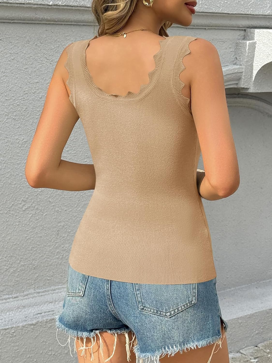  Womens Scalloped Tank Tops Square Neck Knit Sweater Vest | Ribbed Top,Sleeveless Sweaters,Casual,Slimming Vest,Spring,Fall,Basic,Slimming Sweater Vest,Loose Shirts,Sexy Crochet Shirt thumbnail