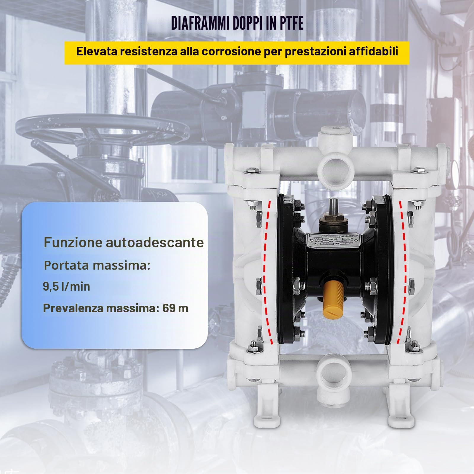 VEVOR Pompa pneumatica a doppia membrana, ingresso e uscita 12,7 mm, 13,2 GPM e max 120 psi, pompa di trasferimento pneumatica con membrana in PTFE per benzina, gasolio