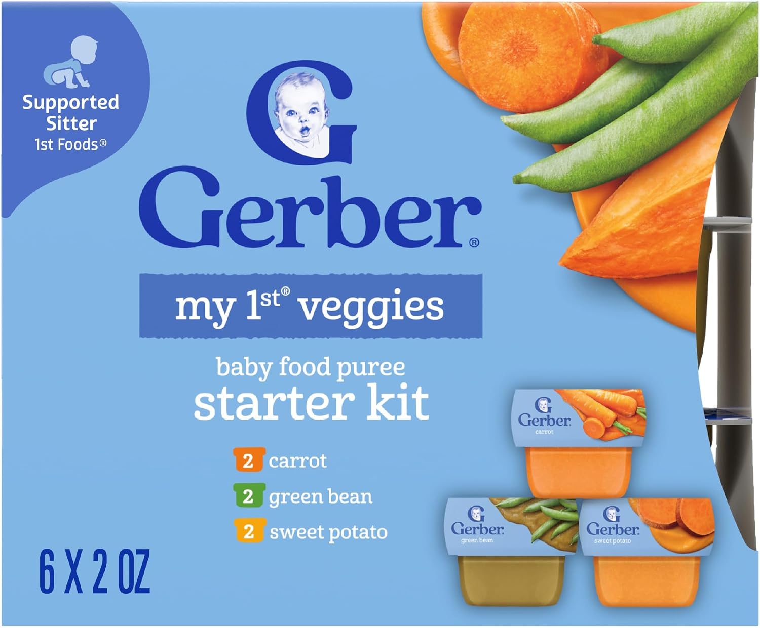 Stage 1 My 1st Veggies Variety Pack, 2 Oz, 12 Pack | Stage 1 veggie puree variety; green bean, sweet potato, carrot; 12 x 2 oz tubs