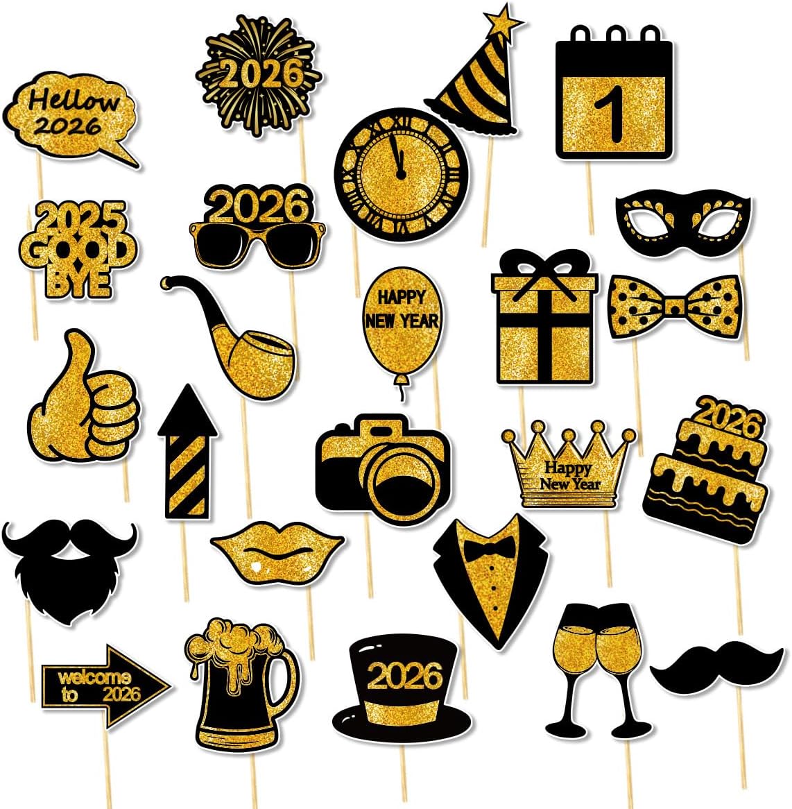 25 Pcs Happy New Year Photo Booth Props 2026, New Year Eve Grad Party Supplies Black Gold Funny Photobooth Props New Year Decorations - Image 6