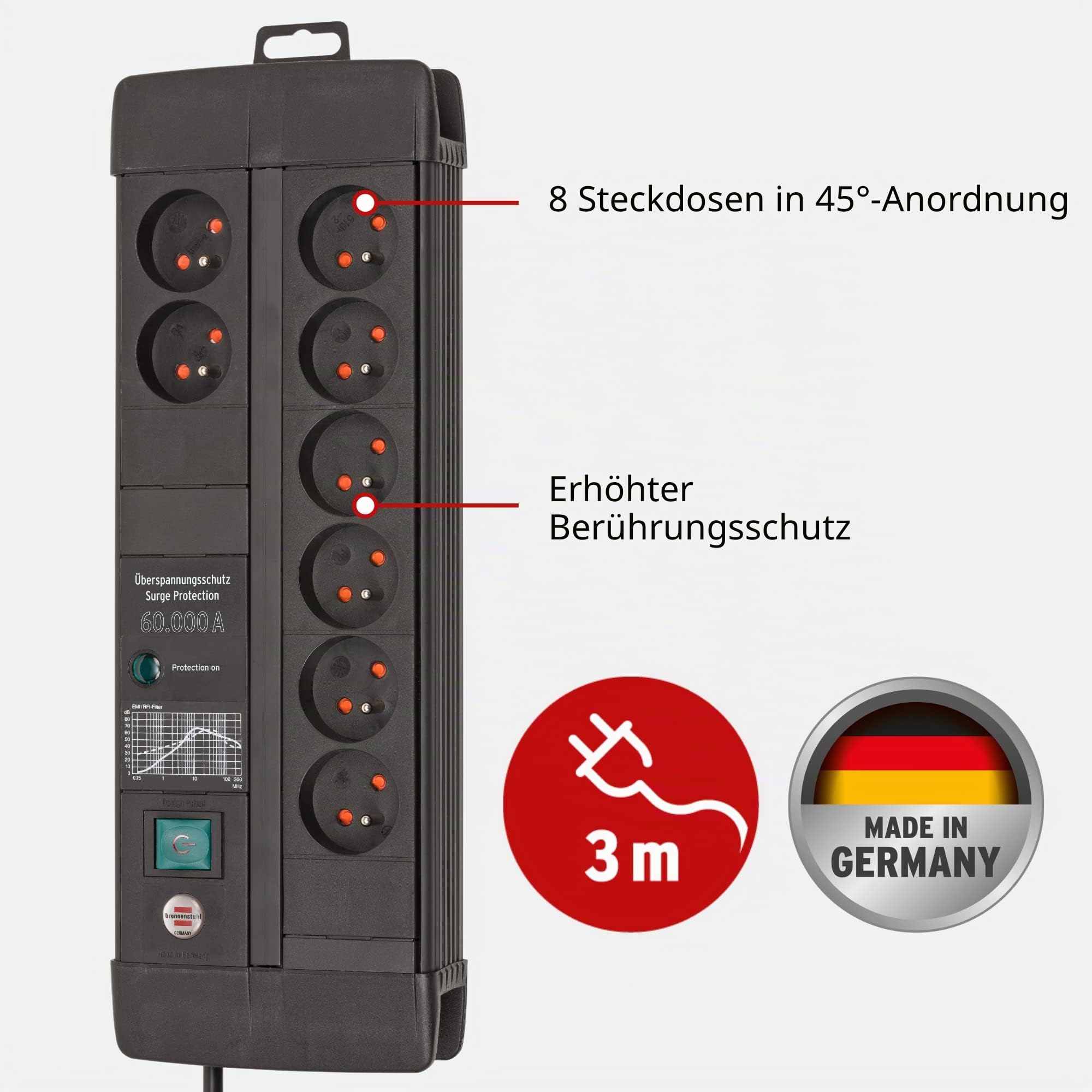 Brennenstuhl Premium-Line, Steckdosenleiste 8-Fach mit Überspannungsschutz | 3m Kabel, mit Schalter, Made in Germany, grau