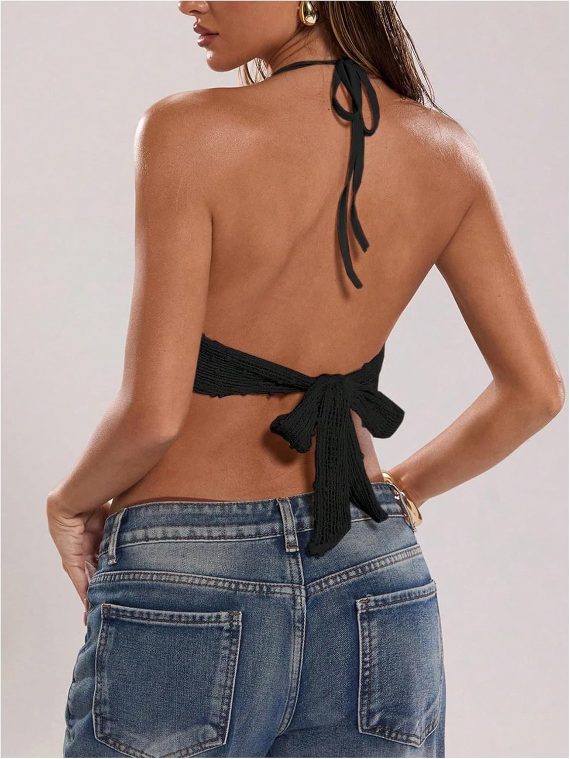 MakeMeChic Women's Y2k Crochet Halter Top Tie Open Back Metal Ring Draped Front Sequin Rave Party Going Out Tops - Image 3