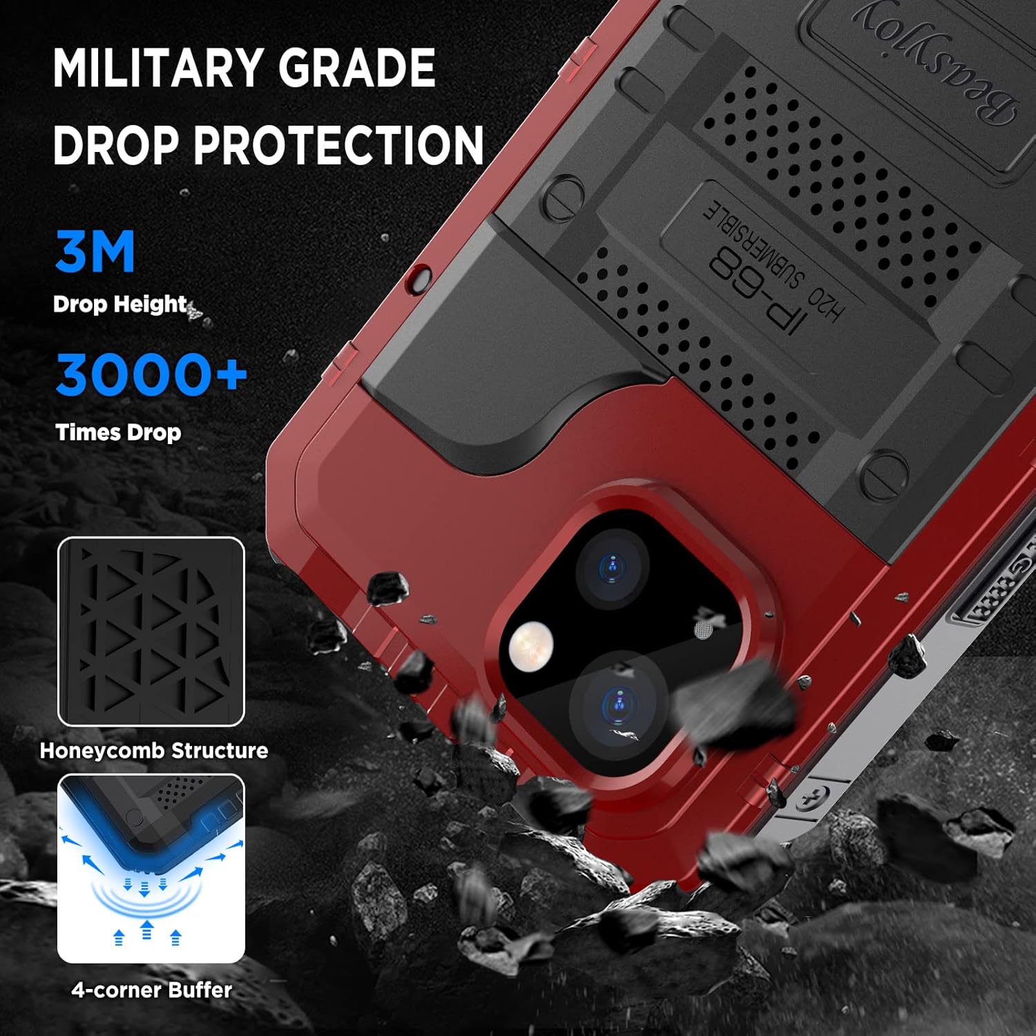 Beasyjoy for iPhone 14 Case Waterproof, Metal Heavy Duty Full Body Protective Case with Built-in Screen Protector, Military Grade Shockproof Dustproof Defender Rugged Cover 6.1 Inch, Red