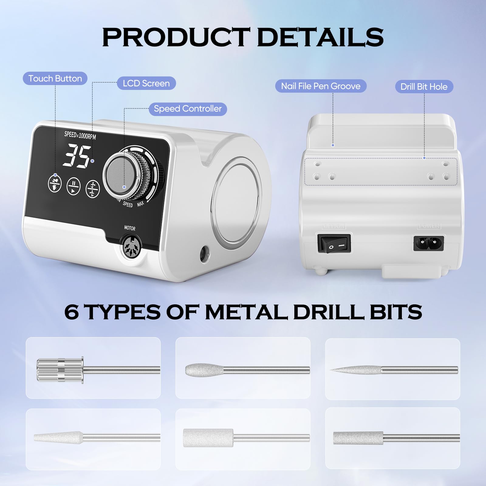 Profesjonalna elektryczna frezarka do paznokci, 35 000 obr./min, zestaw do manicure, pedicure z 6 frezami, wyświetlacz LED do paznokci żelowych i akrylowych, do użytku domowego i salonów paznokci