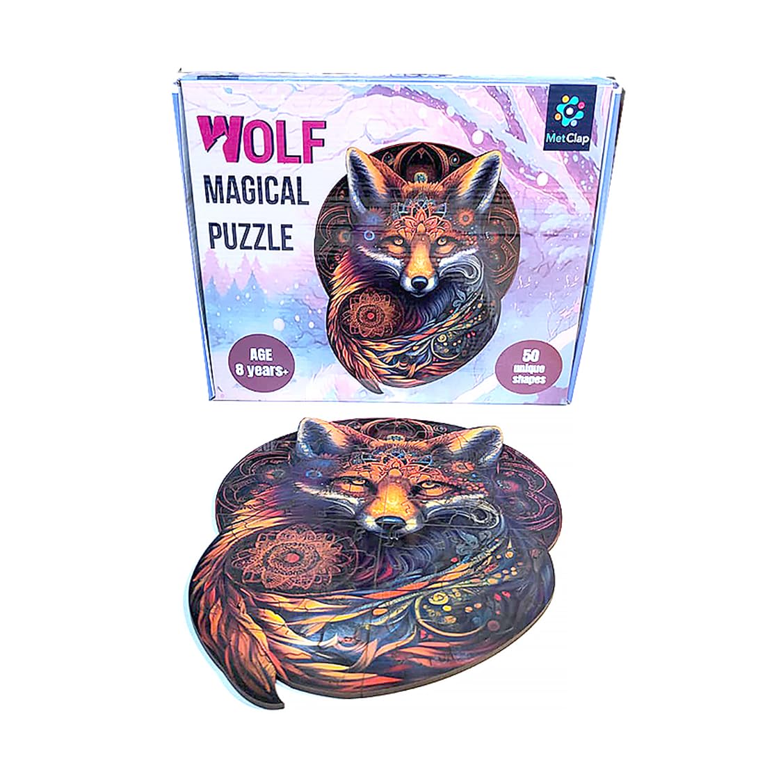 MetClap Wolf Baby Puzzle Toy, Magical Themes | Wooden Jigsaw Puzzle for Kids & Adults | 30 Unique Animal Shape Pieces | Challenging and Educational Game | 50 Pieces | 3+ Years