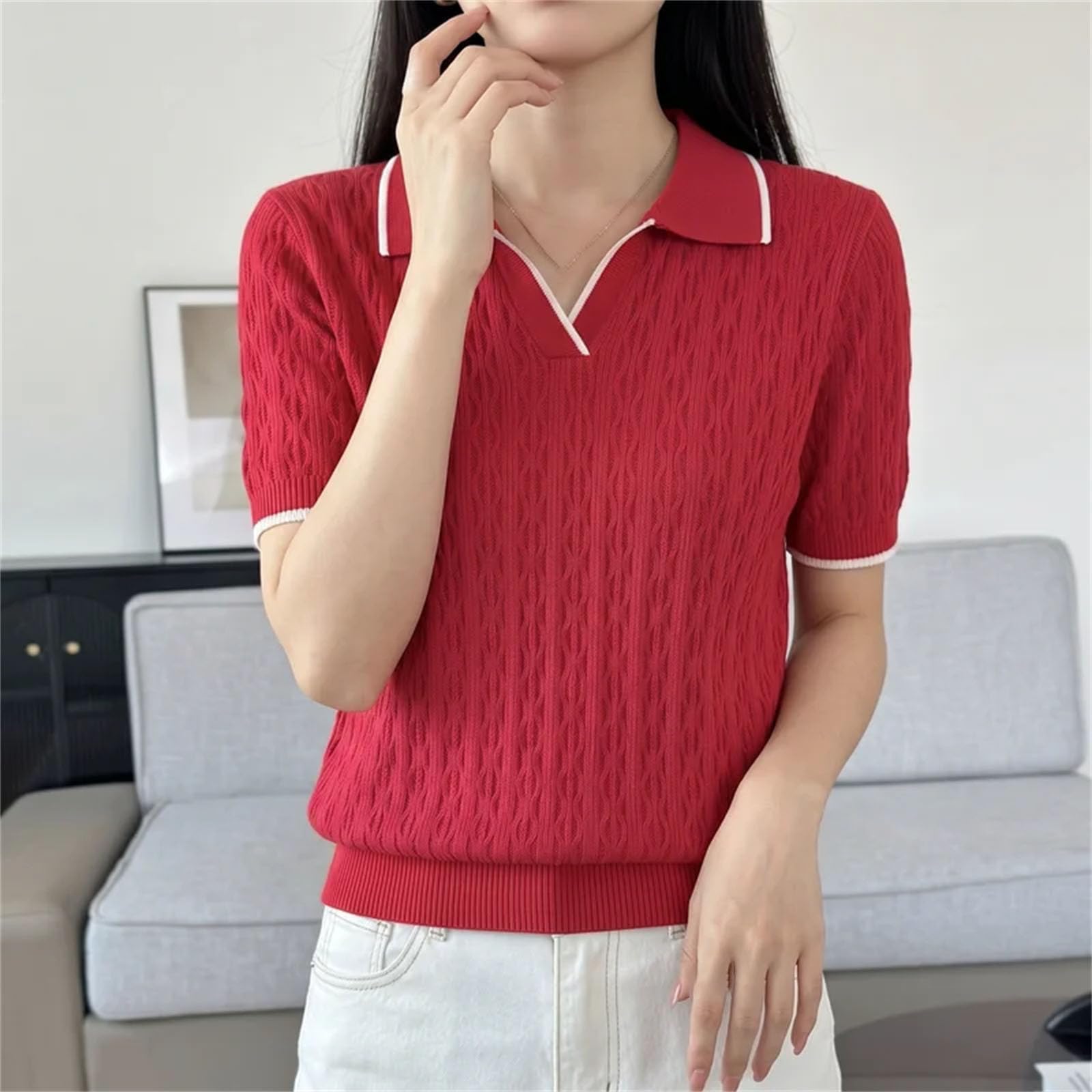 Polo da donna in cotone verde lavorato a maglia tinta unita manica corta casual pullover t-shirt