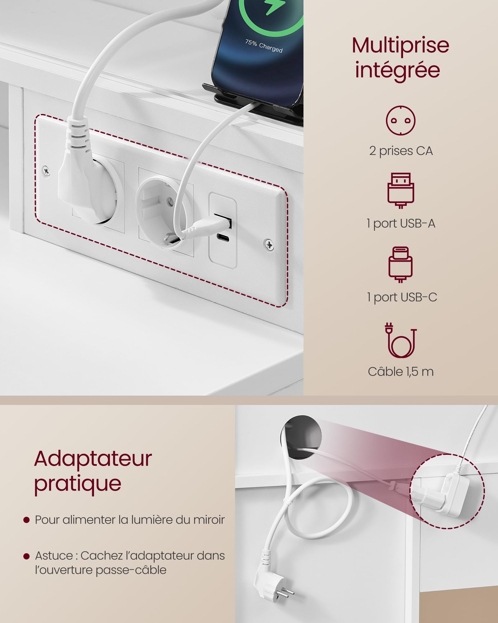 VASAGLE Kailyn Collection - Coiffeuse avec Miroir LED et Tabouret, Multiprise, 9 Tiroirs, Loupe 10x, Rangement Bijoux, Éclairage 3 Couleurs, Installation des Rails sans Outils, Blanc Nuage RDT737W01