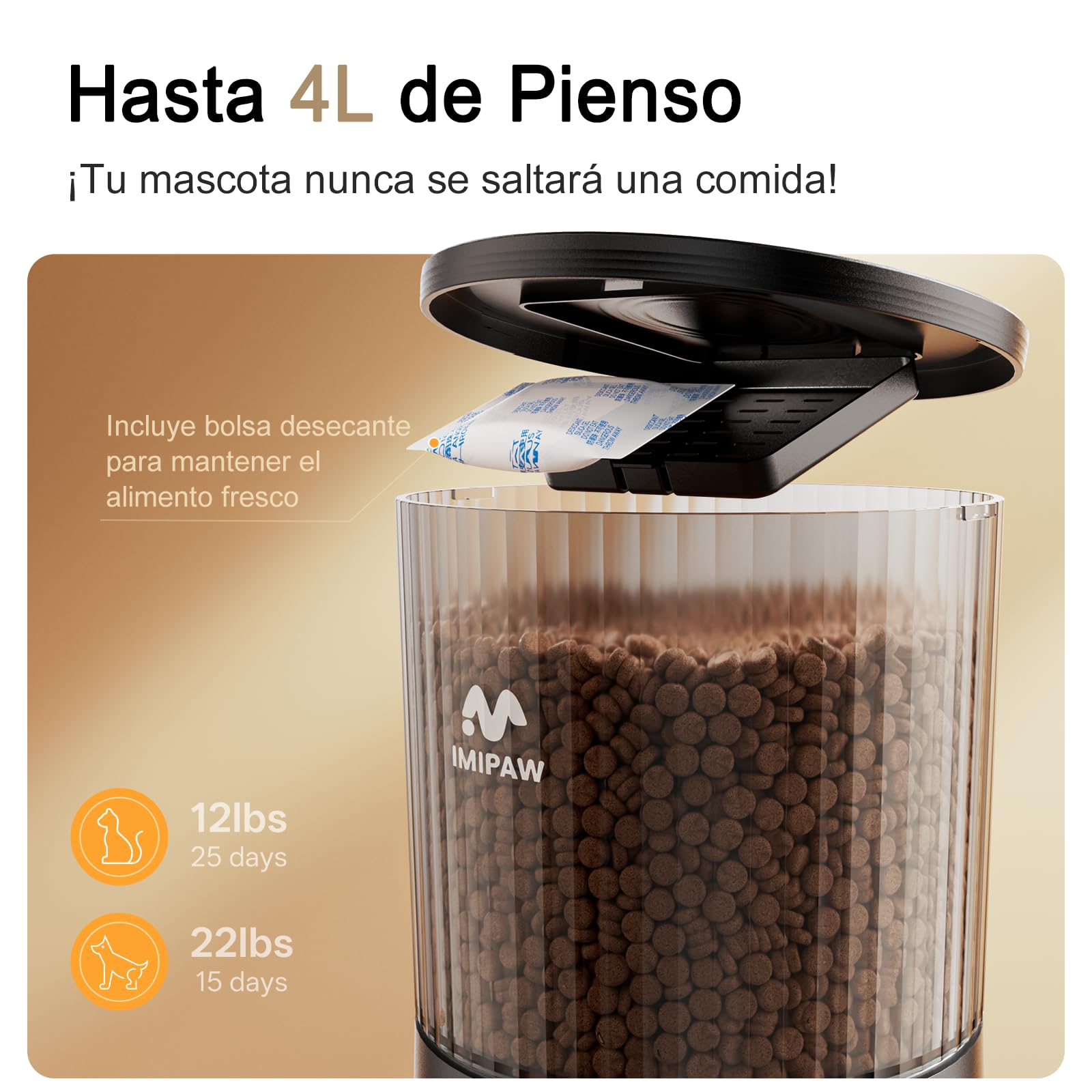 IMIPAW Comedero Gato Automatico, 2.4G | 5G WiFi, 4L Dispensador Comida para Perros, Gatos con Programa Personalizado de Alimentación Automática, Control de App, 1-10 Comidas al Día (Negro, 4L)