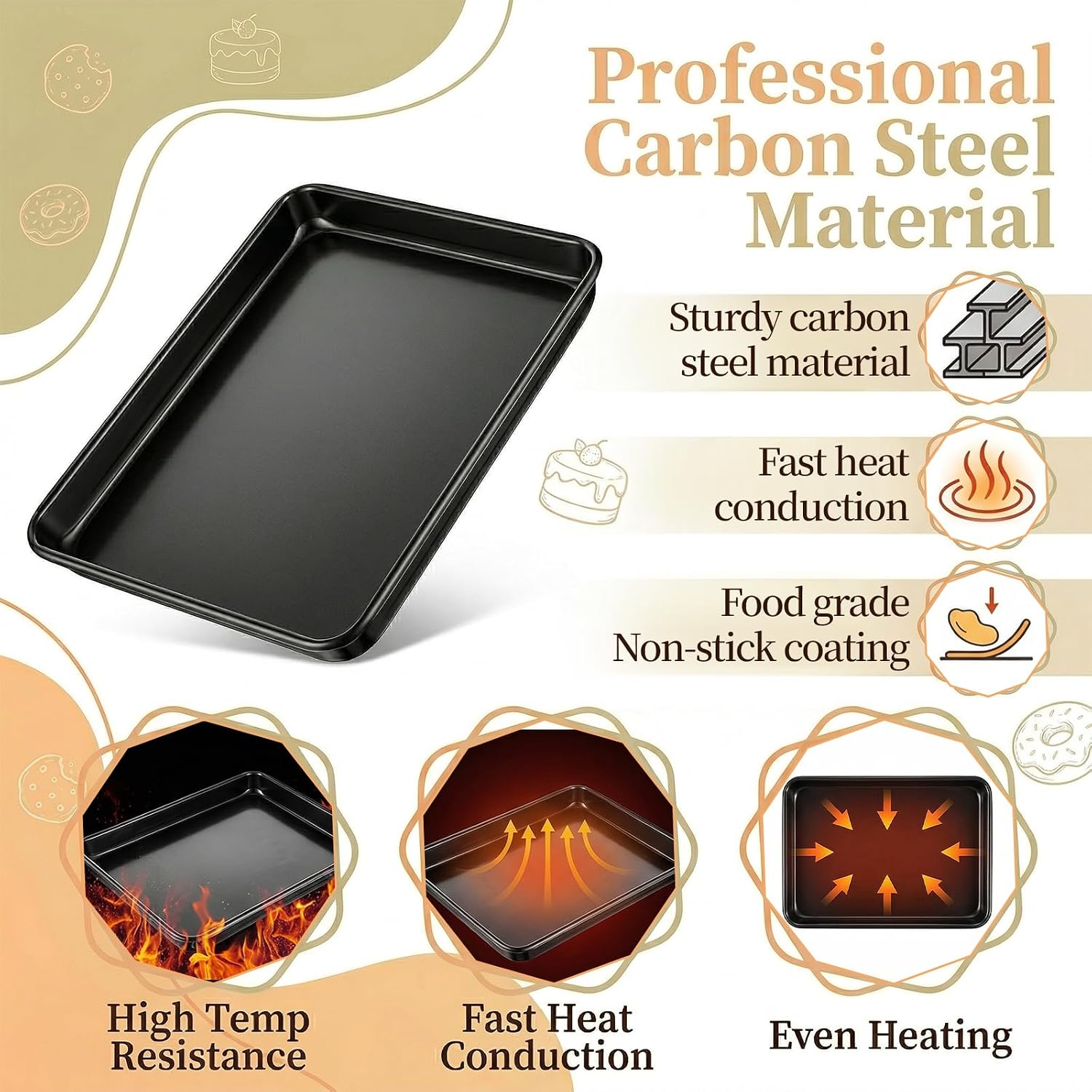 2 Pack 11 x 9 Inch Toaster Oven Pans, Nonstick Baking Sheet Pans and Trays, Nonstick Cookie Sheets, Heavy Duty Carbon Steel Toaster Oven Tray, 1 Inch Deep, Gold, Easy to Clean