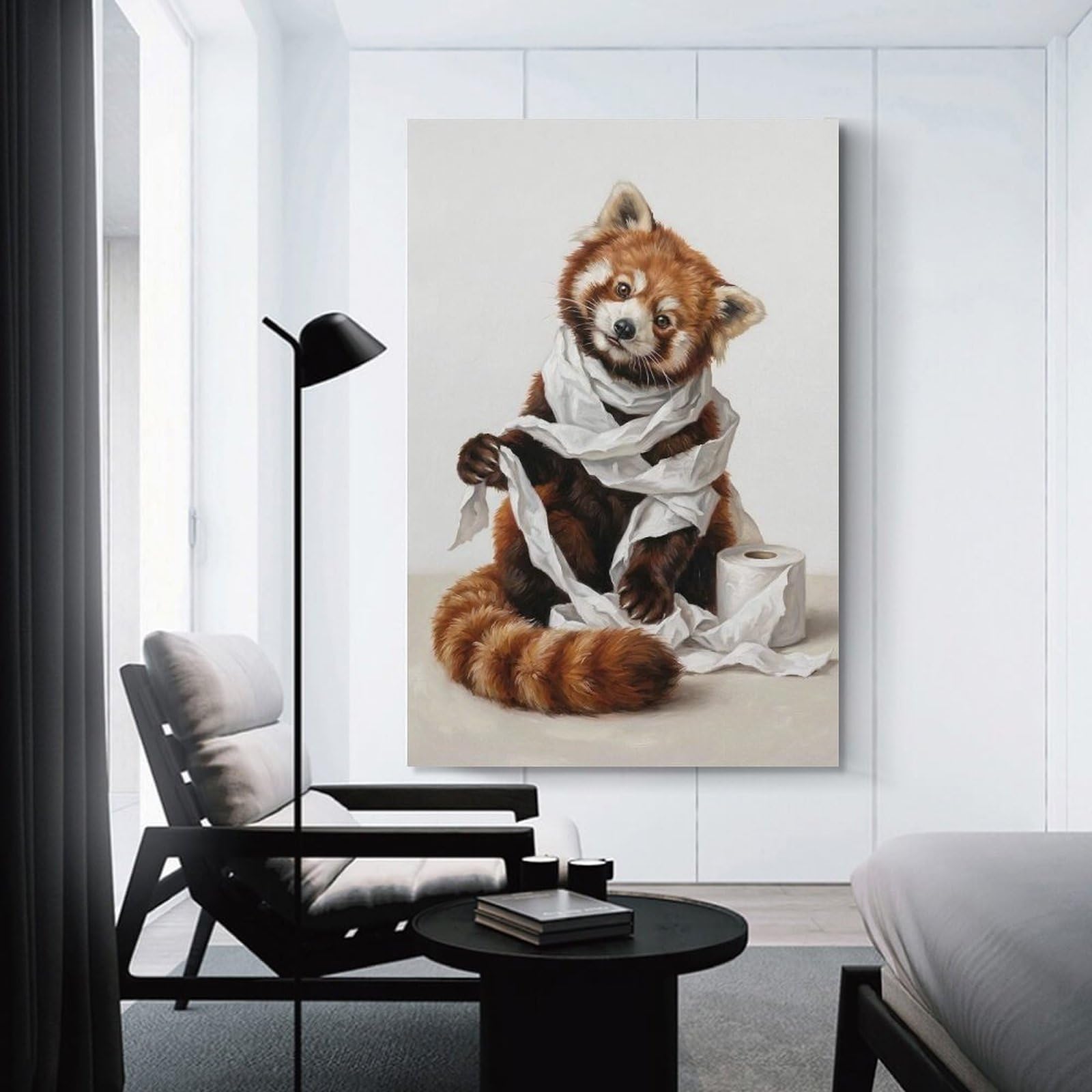 Junmoney Red Panda Wrapped in Toilet Paper Wall Art Print, 08x12inch(20x30cm), for Entryway, Lounge Links Or Small Walls, Decorative Wall Art for Narrow Spaces