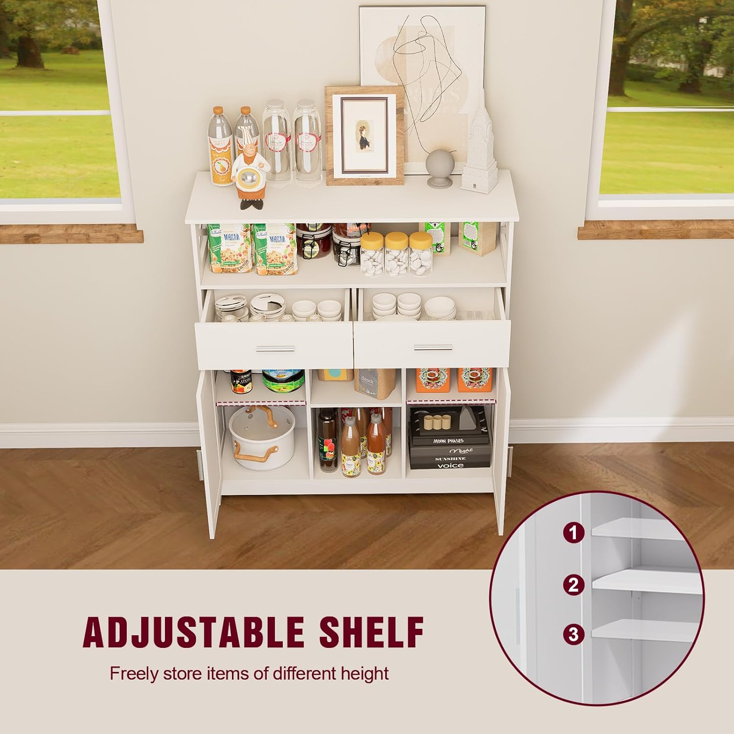 Storage Cabinet Coffee Bar Cabinet with 2 Adjustable Shelves 2 Drawers and 2 Doors for Bathroom/Kitchen/Living Room (White)