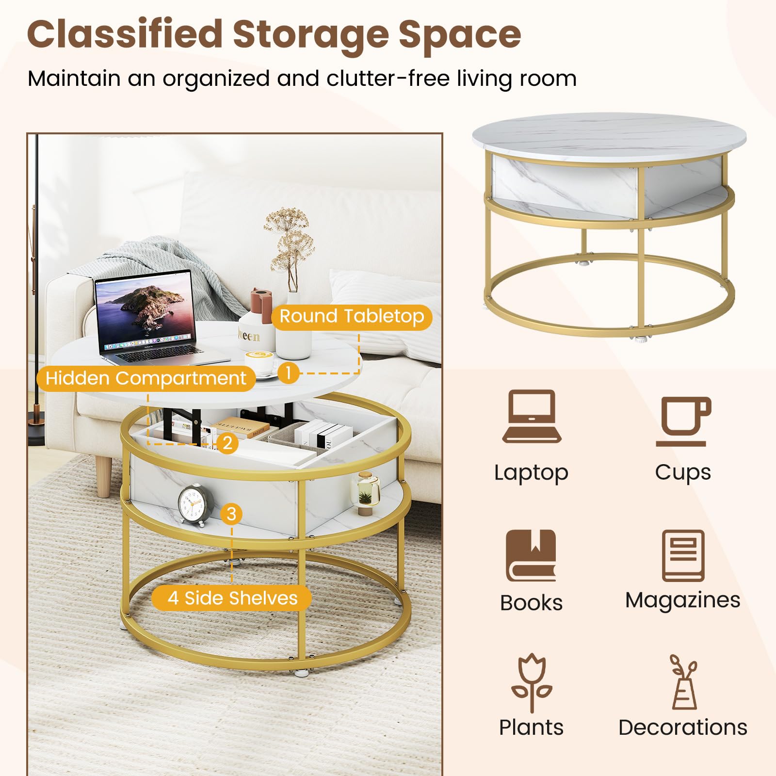 GIANTEX Table Basse Relevable, Aspect Imitation Marbre, Espace de Rangement Caché, 4 Étagères Latérales, Coussinet de Pied Réglable, Table d'Appoint pour Salon, Bureau, 80 x 80 x 49 cm, Blanc