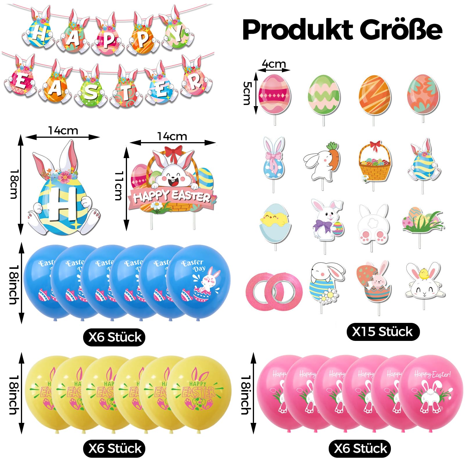 AhfuLife – 32 Palloncini Per Pasqua, 12 Pollici, Lattice Con Stampe Di Coniglietti E Uova, Assortiti In Giallo, Verde, Rosa E Blu