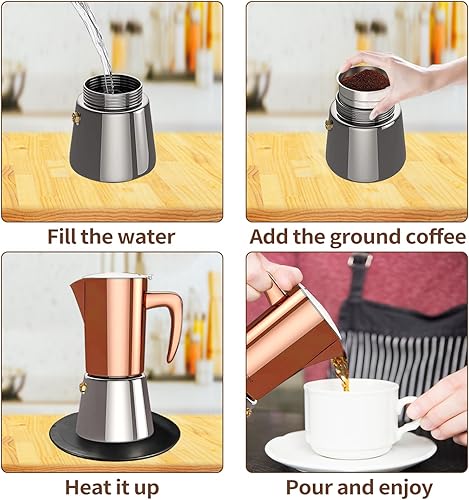 Miniatura 4 de Cafetera de acero inoxidable Moka Pot Espresso Maker 6 tazas (10 oz10.1 fl oz), cafetera italiana para cocinas de gas e inducción, campamento y uso